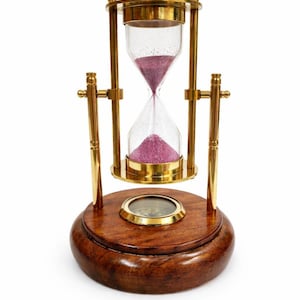 Luxury brass hourglass timer with wooden base pink Sand timer vintage desk decor office gift sand clock home decor accent gift for him