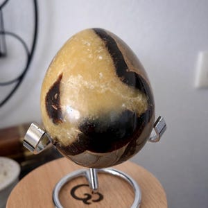 Peut inclure: Une pierre polie en forme d'œuf, avec des motifs beiges et marron foncé. La pierre est présentée sur un support en métal argenté avec une base en bois. Le support a un design circulaire et est surélevé.