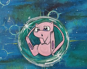 Sueño Submarino de Mew – Pintura Acrílica de Pokémon – Pintura de Mew hecha a mano sobre lienzo de 30x35