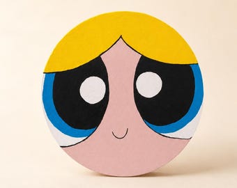 Quadro di Bubbles delle Powerpuff Girls realizzato a mano - Fan art acrilica (tela rotonda da 20 cm)