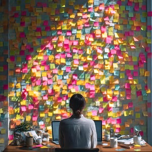 Puede incluir: Una persona está sentada en un escritorio frente a una computadora portátil, con una pared cubierta de notas adhesivas de colores. El escritorio tiene útiles de oficina y una taza. La escena está brillantemente iluminada, lo que sugiere un espacio de trabajo creativo.