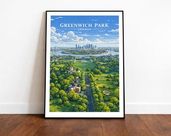 May include: A framed print featuring an aerial view of Greenwich Park in London. The artwork showcases a lush green park with a long road, surrounded by trees and buildings. The sky is blue with fluffy clouds, and the text "GREENWICH PARK LONDON" is at the top.