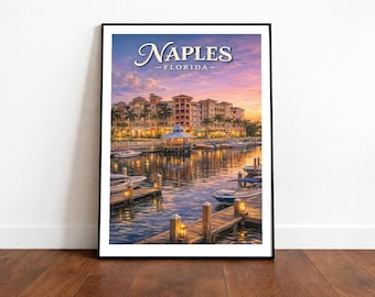 May include: Framed print of Naples, Florida, featuring a waterfront scene at dusk. The image shows a marina with boats, docks, and buildings with lights reflecting on the water. The sky is a blend of pink, orange, and blue.