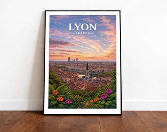 May include: A framed art print featuring a scenic view of Lyon, France, under a colorful sunset sky. The print showcases the city's architecture, with the text "LYON - FRANCE" at the top. The foreground includes vibrant flowers and foliage.