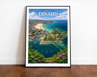 May include: A framed print featuring a coastal scene of Dinard, France. The artwork depicts a beach, buildings, and the sea under a blue sky with clouds. The print includes the text "DINARD - FRANCE" at the top.