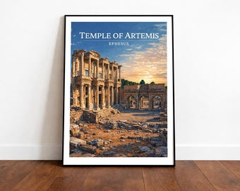 May include: Framed print of the Temple of Artemis in Ephesus, Turkey. The image shows the ancient ruins under a blue and orange sky. The text "TEMPLE OF ARTEMIS EPHESUS" is at the top of the print.