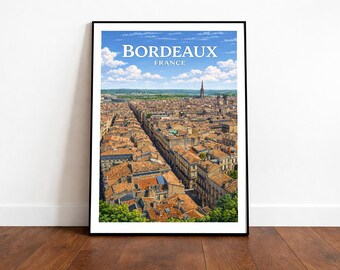 May include: Framed print of Bordeaux, France, featuring a detailed aerial view of the city with red-tiled roofs and a prominent church spire. The sky is blue with fluffy white clouds, and the text "BORDEAUX FRANCE" is displayed at the top.