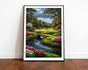 May include: A framed print of a golf course scene, featuring a bridge over a stream and the text "Amen Corner Augusta National Golf Club." The artwork depicts a lush green golf course with colorful flowers and tall trees under a blue sky.