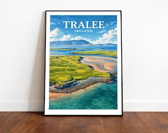 May include: A framed print featuring a scenic aerial view of Tralee, Ireland. The artwork showcases a golf course, sandy beaches, and the turquoise ocean under a blue sky with clouds. The word "TRALEE" is displayed at the top.