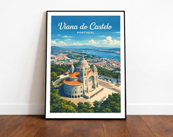 May include: A framed print featuring a scenic view of Viana do Castelo, Portugal. The artwork showcases a detailed illustration of a church with a domed roof, overlooking a city and river. The sky is blue with clouds.