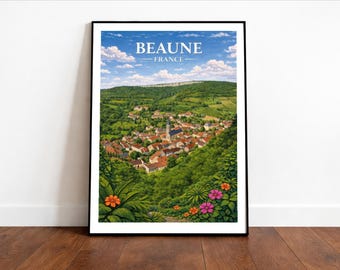 May include: A framed art print featuring the town of Beaune, France, under a blue sky with fluffy clouds. The artwork depicts a detailed view of the town nestled in a valley, surrounded by lush green foliage and colorful flowers.