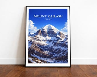 May include: A framed print featuring Mount Kailash in Tibet. The image shows a snow-covered mountain under a bright blue sky with white clouds. The text "MOUNT KAILASH TIBET" is displayed at the top of the print.