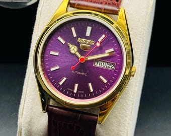 Vintage Seiko 5 Automatic Men's Wrist Watch Day Date Gold Plated Ref-6309 Purple Dial