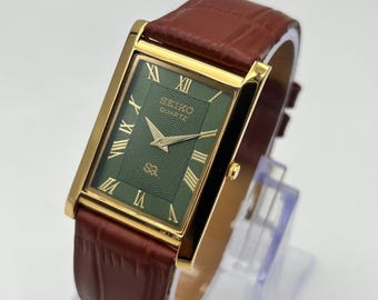 Vintage Seiko Slim Tank Style Quartz herenpolshorloge, rechthoekig model, groene wijzerplaat