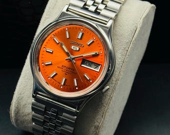 Vintage Seiko 5 Sports Automatic Men's Wrist Watch Day Date Orange Dial, Glow in Dark