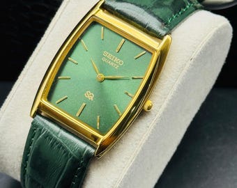 Vintage Seiko Slim Tank Style Quartz Men's Wrist Watch, Green Dial Gold Plated