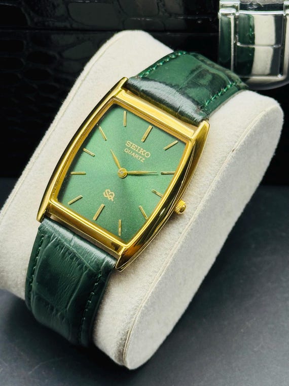 Vintage Seiko Slim Tank Style Quartz Men's Wrist Watch, Green Dial Gold Plated