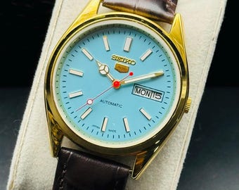 Vintage Seiko 5 automatisk herrarmbandsur dag- och datum guldpläterad Ref-6309 blå urtavla