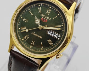 Reloj de pulsera automático vintage Seiko 5 para hombre, día y fecha, chapado en oro, Ref. 6309, esfera verde