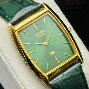 Vintage Seiko Slim Tank Style Quartz Men's Wrist Watch, Green Dial Gold Plated image 2