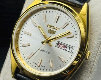 Vintage Seiko 5 Automatic Men's Wrist Watch Day Date Gold Plated Ref-6309 Silver Dial