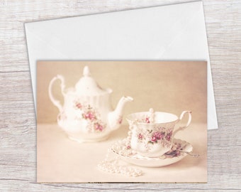Greeting Cards - Tea Set and Pearls  - Time for Tea - Blank Cards - Feminine Card - Card for Tea Lovers - For Her, Printed on Recycled Paper
