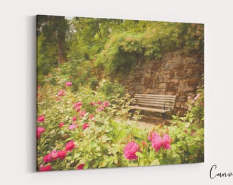 May include: Canvas print of a garden scene with a stone wall, wooden bench, and vibrant pink roses. Lush green foliage surrounds the bench and wall, creating a serene and picturesque setting. The artwork evokes a sense of tranquility.