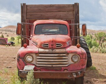 Rustic Red Work Truck, Man Cave, Garage, Square Photographic Print, Rural Decay