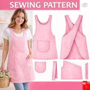 Pink Cross Back Apron Sewing Pattern PDF | Easy Handmade Pinafore Apron for Women | DIY Kitchen & Craft Apron Template