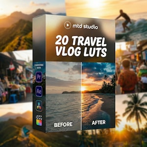 May include: A product box with the text "mtd studio" and "20 TRAVEL VLOG LUTS". The box shows before and after images of a beach scene. The box is compatible with Adobe Premiere Pro, Adobe After Effects, and DaVinci Resolve.