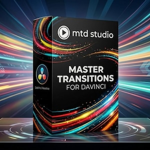 May include: A black box featuring the text "MASTER TRANSITIONS FOR DAVINCI" and the "mtd studio" logo. The box is on a black platform with a vibrant background of light streaks in red, yellow, blue, and green.