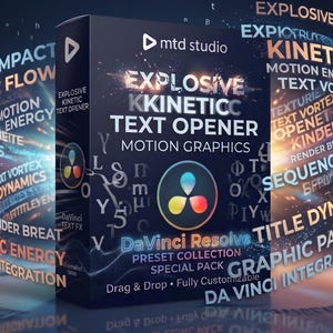 May include: A black software box for DaVinci Resolve titled Explosive Kinetic Text Opener Motion Graphics by mtd studio. The box features a colorful circular logo, text elements, and swirling light trails with words like Kinetic Flow and Title Dynamics.