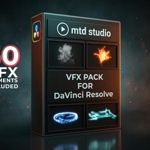 May include: A black rectangular box labeled mtd studio containing a VFX pack for DaVinci Resolve. The front displays 50 VFX elements included, with four small windows showing a white smoke cloud, orange fire, a blue energy ring, and blue lightning.