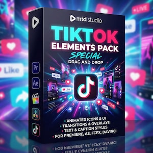 Puede incluir: Caja de producto negra para un paquete de elementos de TikTok, con el logotipo de TikTok. La caja tiene texto turquesa y blanco, incluyendo "TIKTOK ELEMENTS PACK SPECIAL DRAG AND DROP". Anuncia iconos animados, transiciones y estilos de texto.