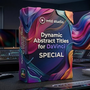 Op de afbeelding: Een productdoos met de tekst "Dynamic Abstract Titles for DaVinci SPECIAL". De doos heeft een kleurrijk abstract ontwerp en het "mtd studio" logo. De achtergrond toont computermonitoren en bewerkingsapparatuur.