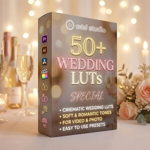 May include: A product box with the text "50+ WEDDING LUTS SPECIAL" in a glowing font. The box includes icons for video editing software and lists features like cinematic wedding LUTs and romantic tones. The background features champagne glasses and flowers.