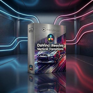 May include: A silver box with the text "DaVinci Resolve Vertical Transitions" and the "MTD Studio" logo. The box features an image of a sports car. The background has neon blue and pink lights.