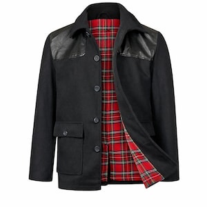 May include: A black jacket featuring leather shoulder panels and a red and black tartan lining. The jacket has two front pockets and a button-up fastening. The collar is a classic notch style.