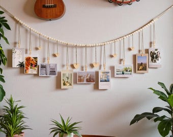 Wooden Heart Photo Garland – Boho Wall Decor, Minimalist Memory Display