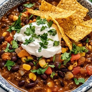 Puede incluir: Un tazón de chili con frijoles negros, granos de maíz amarillo y tomates en cubos en una salsa marrón espesa. El plato está cubierto con una gran cucharada de crema agria blanca y hojas de cilantro verde fresco, junto a crujientes totopos.