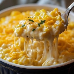 May include: A serving of creamed corn in a white bowl, lifted by a silver spoon. The dish features yellow corn kernels mixed with a thick, white creamy sauce and melted shredded orange cheddar cheese, garnished with small green herb pieces.