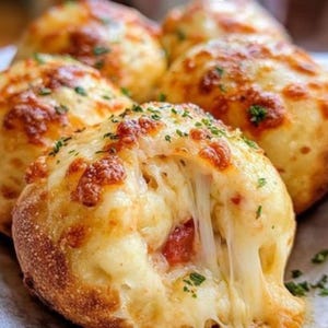 May include: Close-up of several golden-brown, baked rolls with melted cheese and herbs. The cheese is stringy and oozing from the rolls. The rolls appear to be a type of bread, possibly garlic knots or similar.