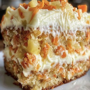 May include: A slice of carrot cake with cream cheese frosting. The cake is layered with shredded carrots and pineapple, topped with a thick layer of white frosting and carrot shavings. The cake sits on a white plate.
