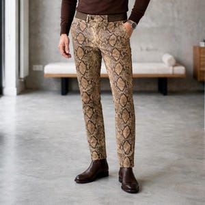 Men’s Snakeskin Leather Pants, Python Print Trousers, Slim Fit Leather Pants Men, Exotic Pattern Pants, Statement Fashion Pants for Men