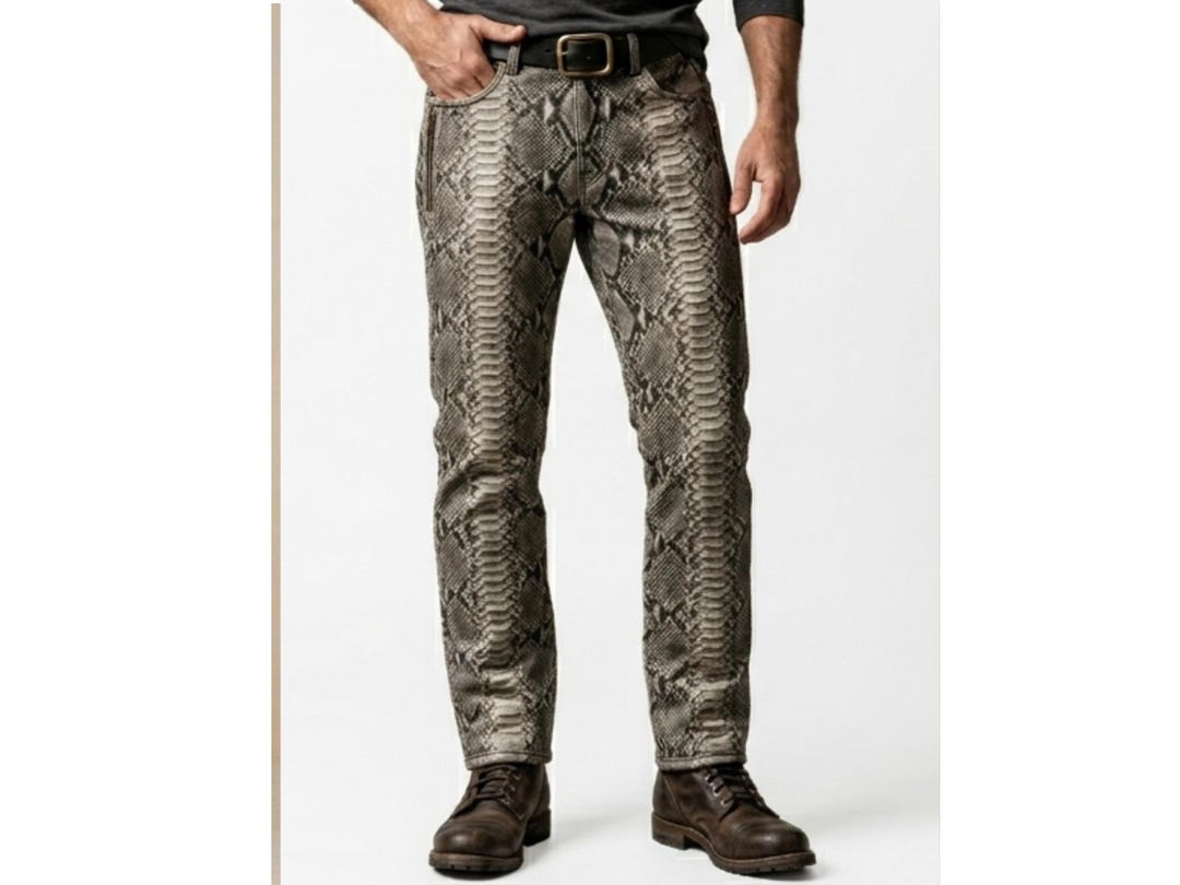 Men Snakeskin Leather Pants – Python Print Leather Trousers, Exotic ...