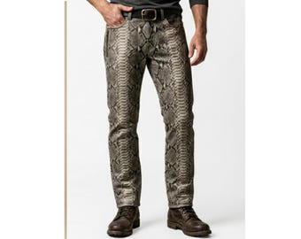 Men Snakeskin Leather Pants – Python Print Leather Trousers, Exotic Pattern Biker Pants, Slim Fit Designer Leather Bottoms