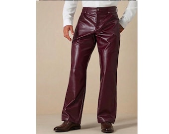 Men’s Burgundy Leather Pants, Vintage Flared Trousers, 70s Retro Style, Genuine Leather Pants for Men, Festival Outfit