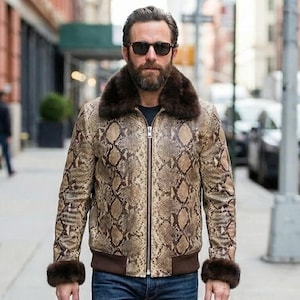 Men's Snakeskin Leather Bomber Jacket | Fur Collar, Exotic Style