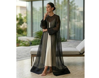 Black Sheer Organza Maxi Overlay Duster, Open Front Layering Cover Up