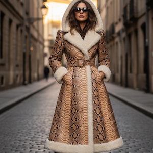 May include: A long, hooded coat with a snakeskin pattern in shades of brown and tan. The coat features a belt, white faux fur trim on the hood, cuffs, and front, and is worn with sunglasses. The coat has pockets and a tailored fit.
